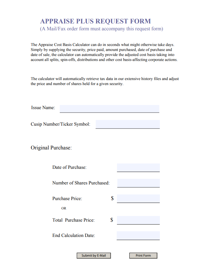 Appraise Cost Basis Calculator Order Form Image